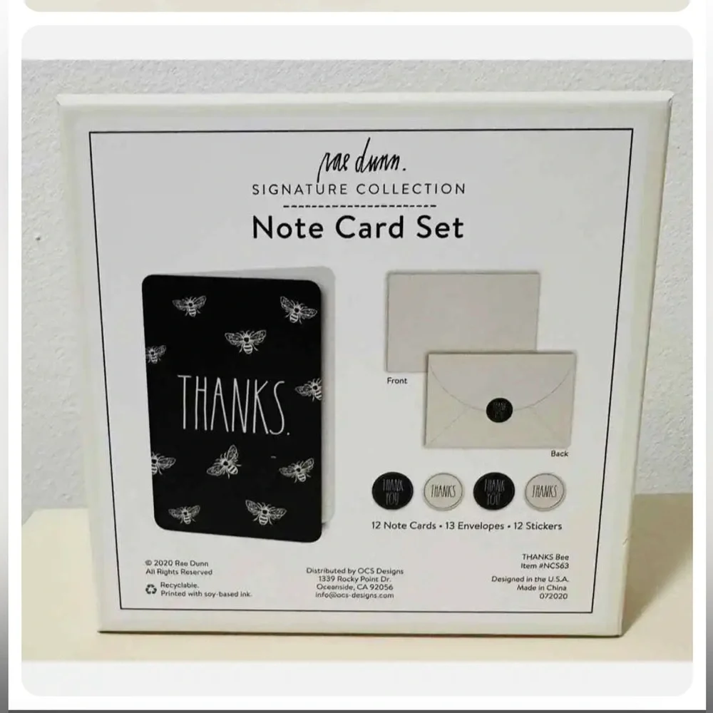 Rae Dunn “Thanks” Note Card Set, Black & White Bumblebee Print